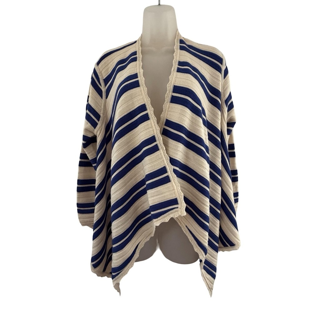 Yigal Azrouel Sweater‎ Womens XS Cream Blue Striped Open Front Drape Cardigan
